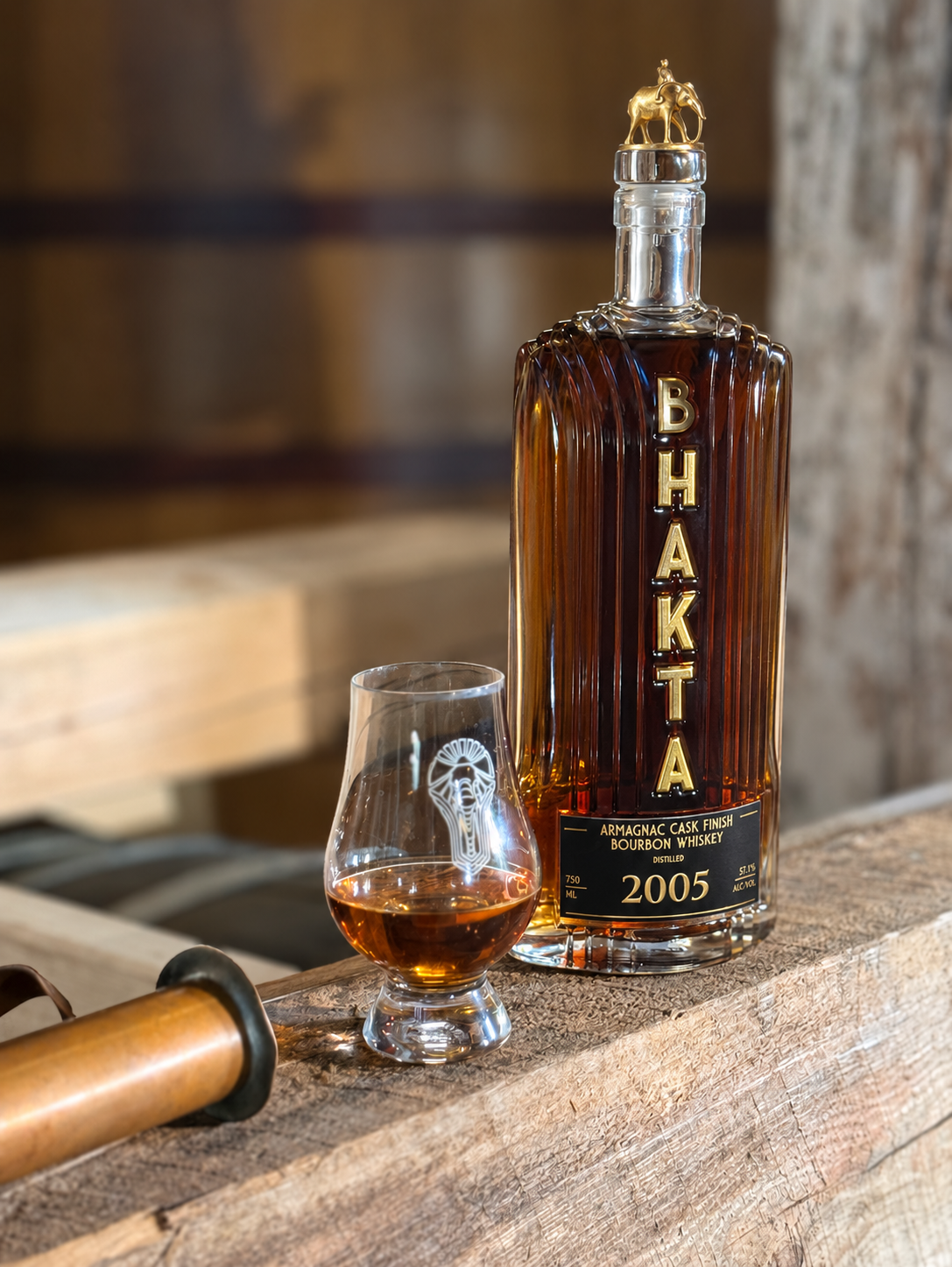 BHAKTA 2005 Bourbon bottle and tasting glass